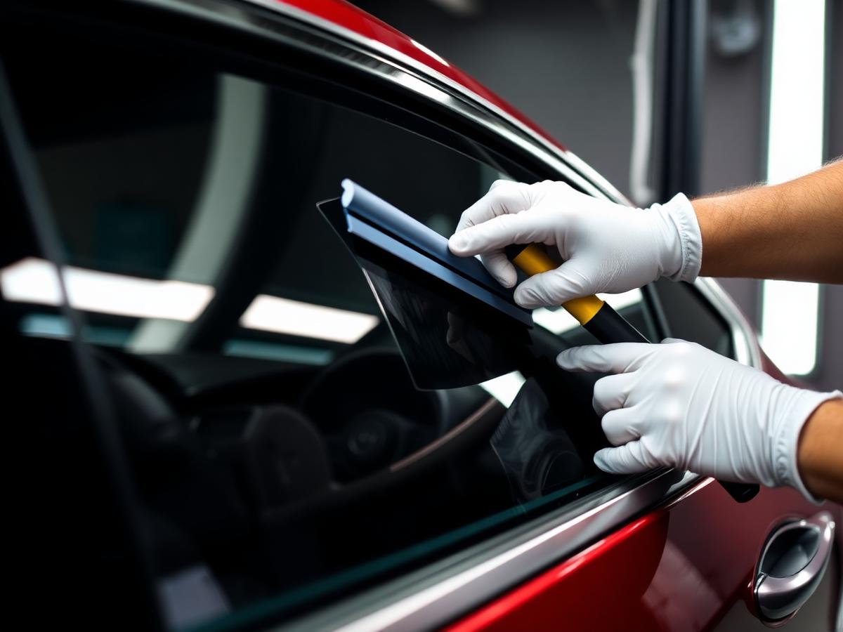 Installer applying ceramic tint film to a car window